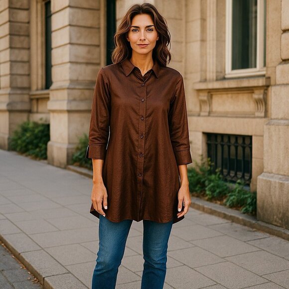 Boho Chic Long tunic Shirt Top Button Front Shirt Brown Women's Medium - Picture 2 of 9